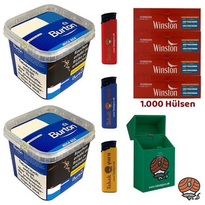 Burton Blue/Blau Volumentabak MEGA BOX 2x 250g, Winston Extra Hülsen, Zubehör