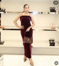 Zara Women Velvet Faux Fur Beaded Midi Dress Burgundy Size L Ref 7969/257