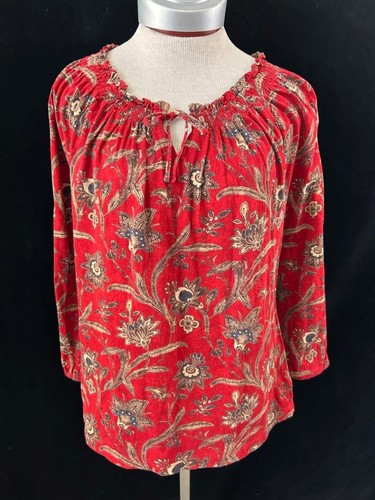 CHAPS blouse top size XL 3/4 sleeve smocked neckline red tan floral - Picture 1 of 6