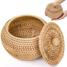 Small Rattan Basket with Lid, Round Handmade Woven Storage Basket, Multi-purp...