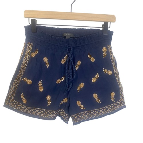 J. Crew Navy Blue Gold Pineapple Embroidered Shorts 100% Cotton Elastic Waist XS - Picture 2 of 11