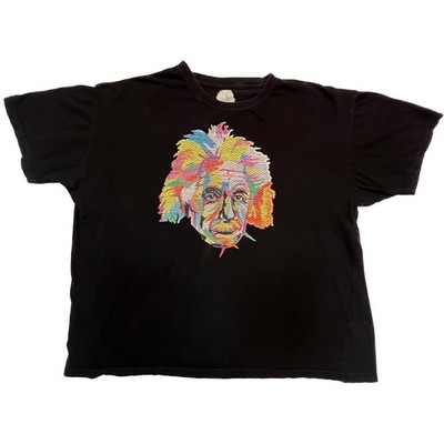 Albert Einstein Tee Rainbow Embroidery Short Sleeve Black T-Shirt Size XXL