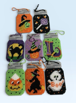 Halloween Mason Jars Plastic Needlepoint Black Cat Owl Ghost Pumpkin Witch Vtg.