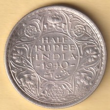 BRITISH INDIA 1940 KING GEORGE VI HALF RUPEE RARE SILVER COIN