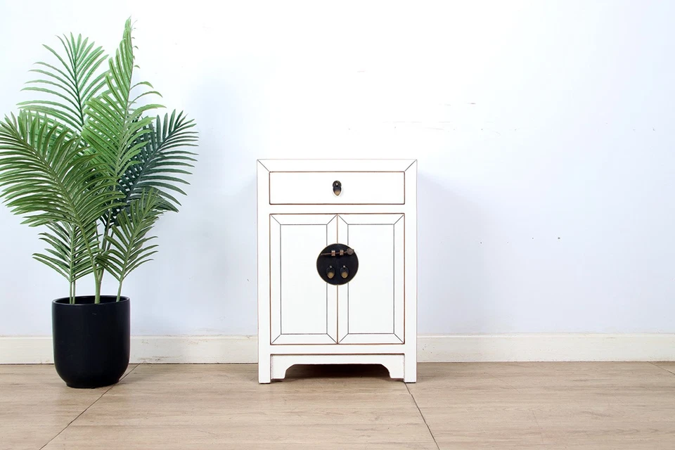 Nachtschrank mit Naturholz Kanten Massivholz Cremeweiß #M-KOM-A1WT