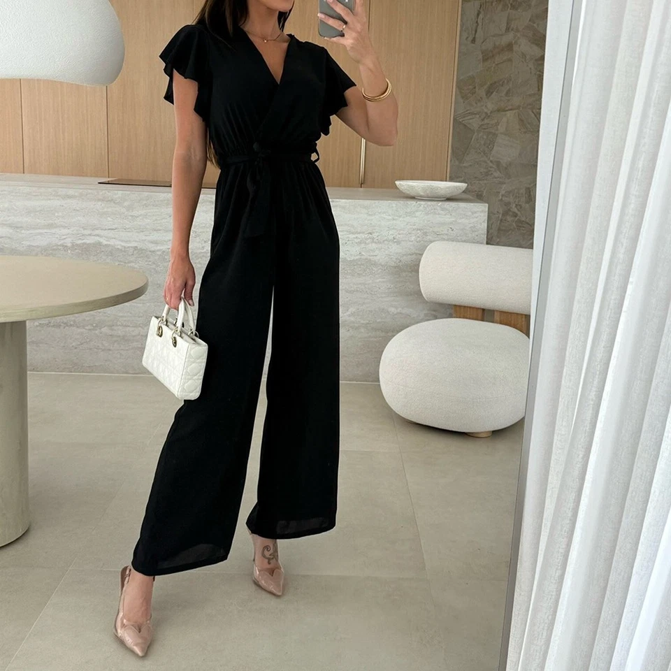 Damen Elegant Jumpsuit Sommer V-Neck Overall Romper Einteiler Hosenanzug Gürtel - Bild 3 von 4