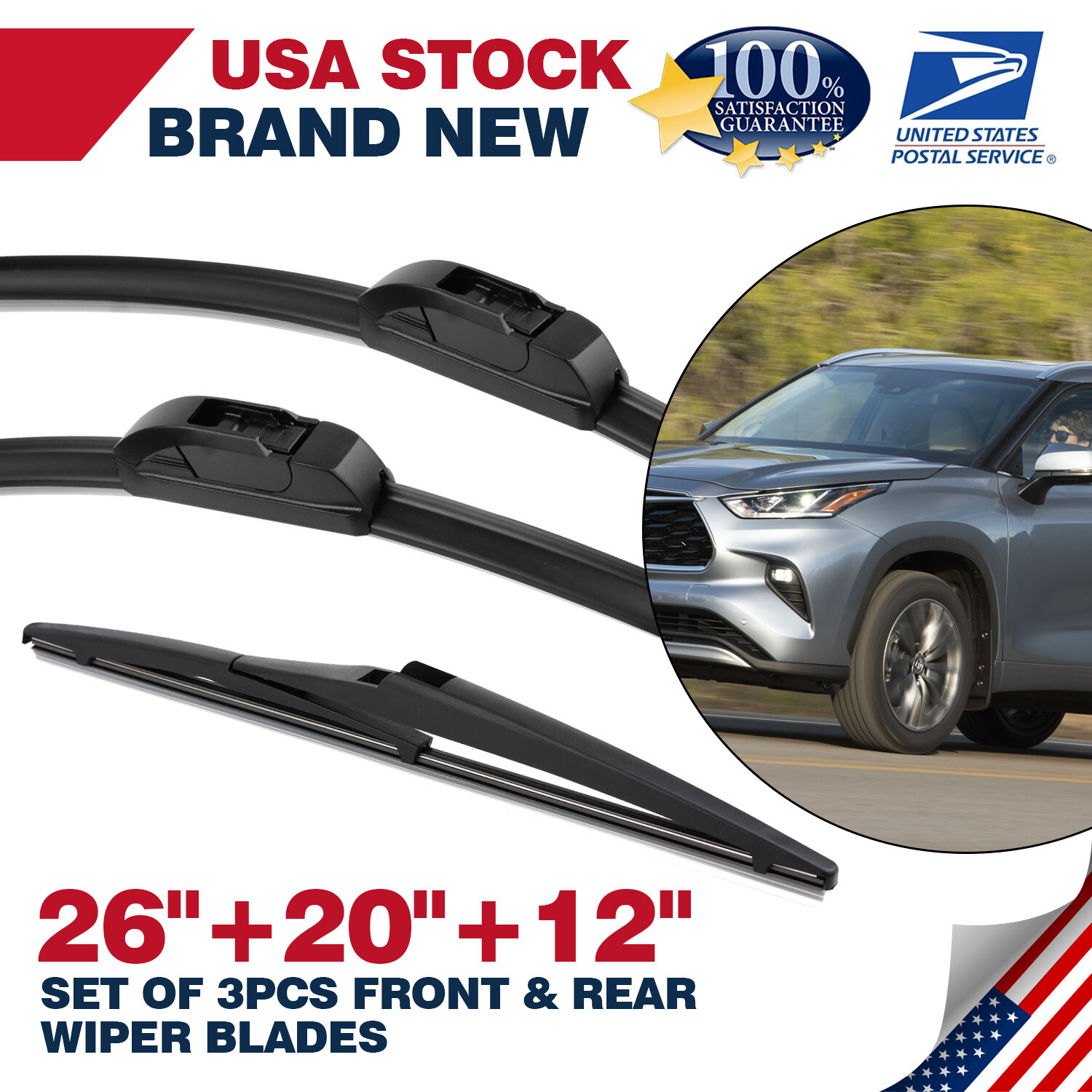 All-Season Wiper Blades for 2008-2013 Toyota Highlander Front & Rear 26 20 12 Inch