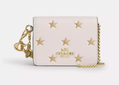 NWT Coach CW963 Gold Boxed Mini Wallet On A Chain Star Print