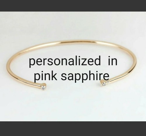 Personalized Pink Sapphire Cuff Bangle Bracelet 14K Yellow Gold N5.