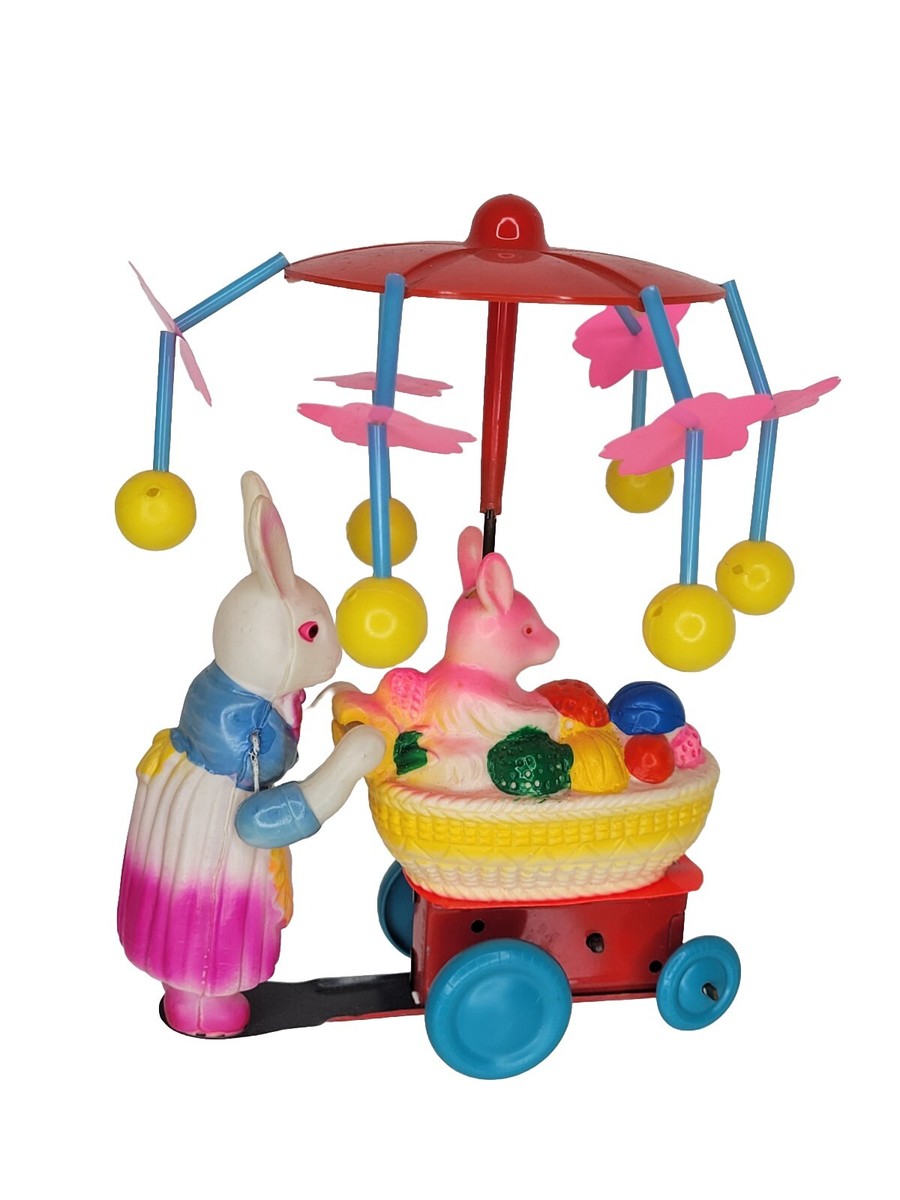 1950's Vintage Celluloid EASTER Bunny MAMA & BABY Buggy TIN
