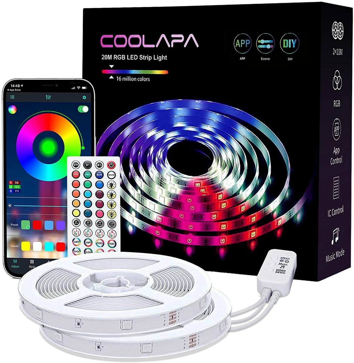 20M Led Strip Light 65.6 FT COOLAPA Remote Waterproof Indoor