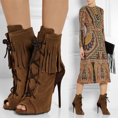 Giuseppe Zanotti Suede Fringe Lace Up Heeled Platform Ankle Booties 37 6.5 $1295 - Picture 1 of 13