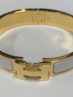 Authentic Hermes Paris Gold Tone Ivory Enamel Clic Clac H Bangle
