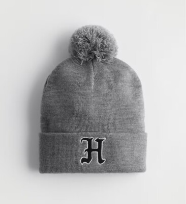 Hollister knit Pom Pom Beanie Hat Heather Grey Embroidered H logo