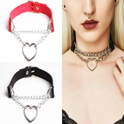 New Punk Halsband mit Herz Kette Metall Sklave Schwarz Rot Bondage Leder BDSM