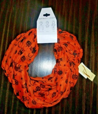   COLLECTION 18 Orange Halloween Black Cat Pumpkin Print Infinity Loop Scarf