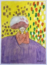 Pablo Picasso (Handmade) Drawing On old Paper Signed & Stamped Mixed Media