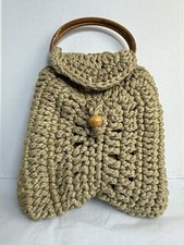 Vintage Tan Brown crochet Macrame Bag Wood Handle Purse Handbag Boho Hippie 70s
