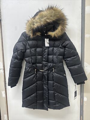 NWT Nine West Women's SMALL Black Belted Faux-Fur Hood