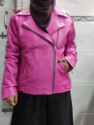 NOORA Women's Pink Lambskin Leather Biker Jacket, Party & Occasion Wear Jacket