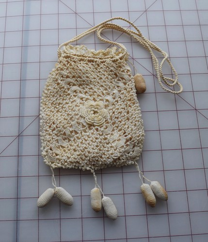 7263 Antique Edwardian era Irish Crochet reticule purse, roses & dingles
