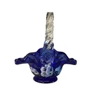 Fenton Hand-Painted Cobalt Blue Artist Signed Glass Basket With Floral Design