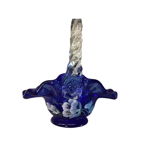 Fenton Hand-Painted Cobalt Blue Artist Signed Glass Basket With Floral Design