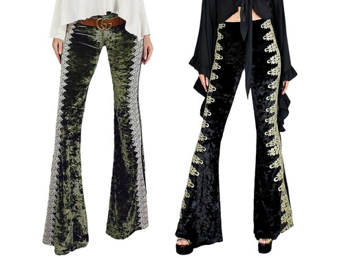 Pantalone donna boho pizzo crochet campana anni 70 velluto hippie  elasticizzato | eBay