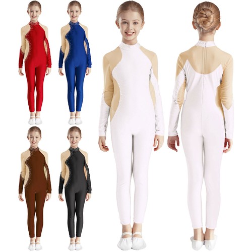 Kids Girls Leotard Active Jumpsuit Stage Bodysuit Splice Rompers Sports Unitard - Picture 4 of 61