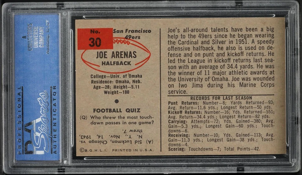 1954 Bowman FB Card # 30 Joe Arenas San Francisco 49ers ROOKIE RC PSA 8 NM-MT - Image 2 of 2
