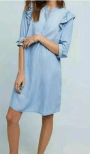 New Anthropologie Ruffle Chambray Tencel Dress Size XS
