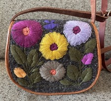 EUC Handmade Boho Floral Embroidered Wool  leather Crossbody bag Mexico