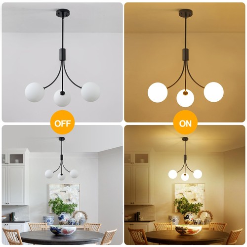 Modern Black Chandelier 3-Light Sputnik Globe Glass Ceiling Light Fixture, Mi... - Picture 5 of 8
