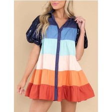 Queen of Sparkles Puff Sleeve Shirt Dress Size XXL Navy Multi Tiered Sequin