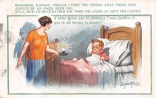 POSTCARD  DONALD MCGILL  CHILDREN THEME  MOTHER SON  CANDLE  ANGEL  BED
