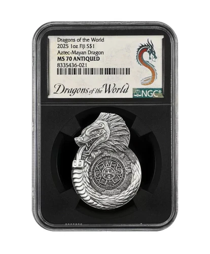 Aztec Mayan Dragon DRAGONS OF THE WORLD 2025 $1 1oz Silver Coin  Fiji NGC MS70