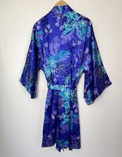 California Dynasty Vintage Kimono Robe Blue Floral Gold Accent Silky Belted Sz L