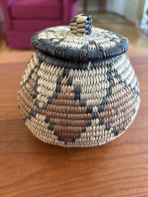Vintage  Handmade Zulu African Traditional  Handwoven Herb Basket, Lid, Tags