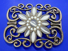 Flower Rhinestone Accented Openwork Floral Theme Silver Tone Ladies Belt Buckle
