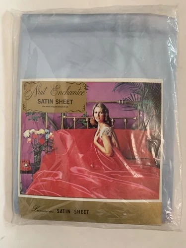 Vintage Nuit Enchantee Twin Bed Blue Luxurious Satin Flat Sheet 1970's NIP