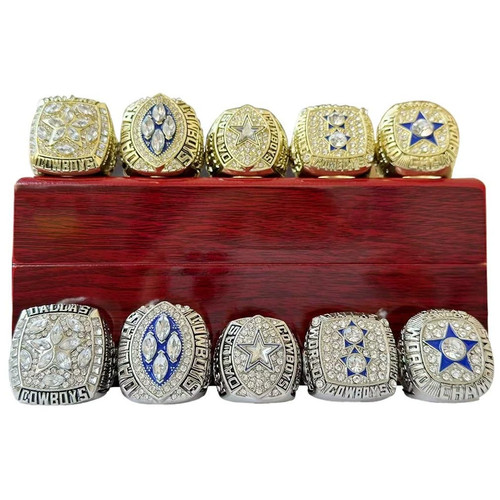 Dallas Cowboys Set of 5 Gold / Silver Super Bowl Rings With Wooden Display Box