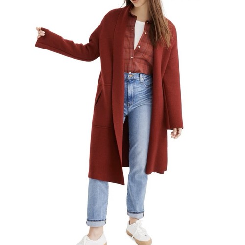 Madewell Rivington Sweater-Coat Cardigan Size Medium Red Wool Blend Quiet Luxury