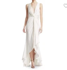795$ Cinq À Sept Iris Plunging Twist High-Low Gown White Silk Drape Dress Sz 2