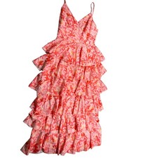 Womens Floral Ruffle Tiered Maxi Dress Small Pink Orange Tropical Sundress