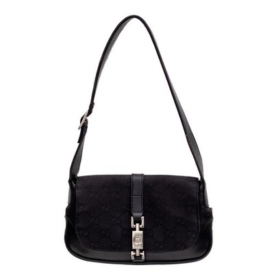 Vntg GUCCI Black GG Canvas/Leather Small Flap Jackie O Hobo Bag Canvas & Leather
