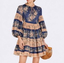 Zimmermann Moonshine Tuck Dress Sz 3 /AU 14/US 10 Mini Floral Blue Peach Sleeves