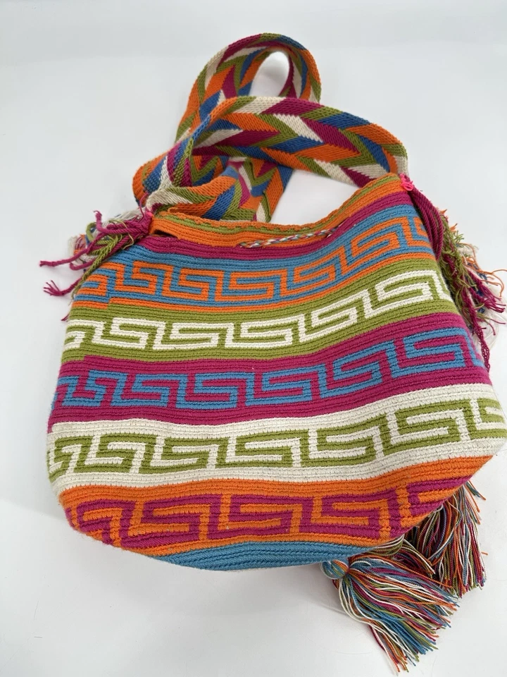 Bolso Bandolera Wayuu Mochila Colombiano Neón Multicolor Borlas Boho Brillante Foto 2 de 4