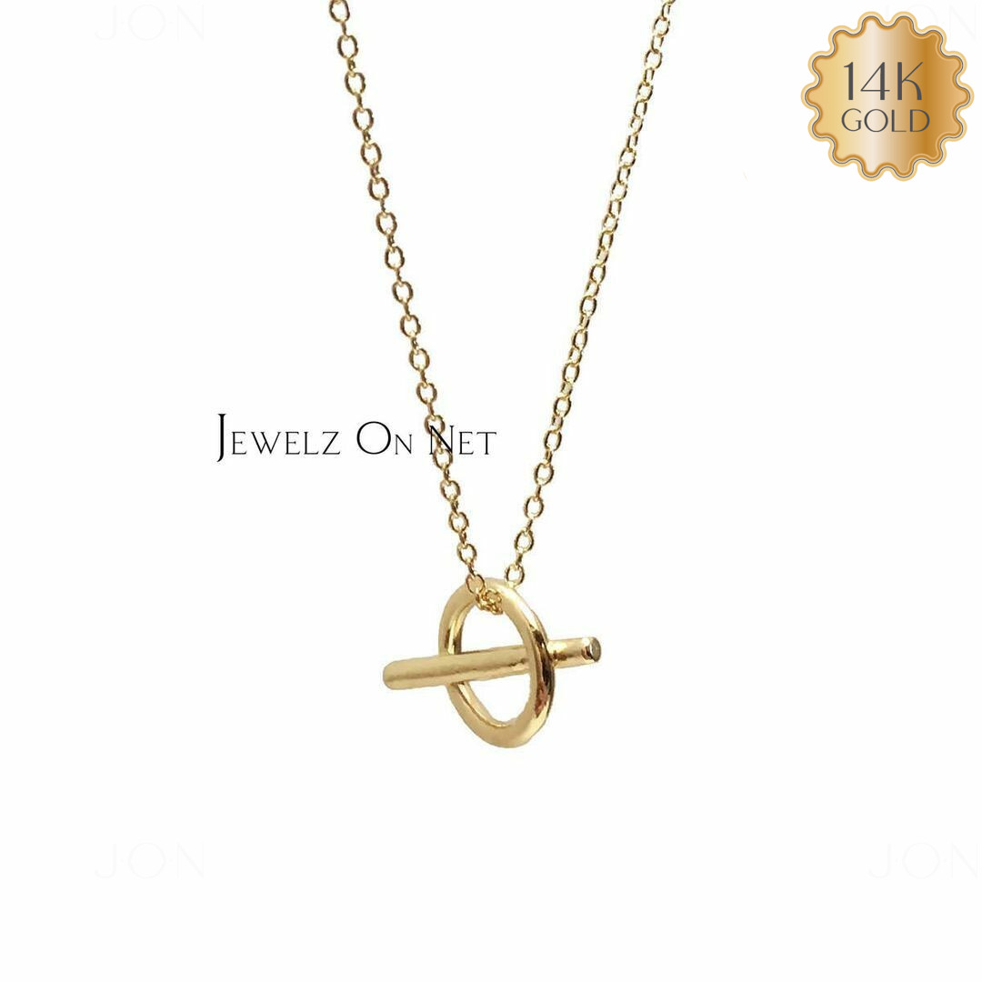 14K Solid Gold Circle Bar Dainty Geometrical Pendant Necklace Fine