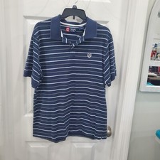 Mens CHAPS Size Large Navy White Striped Polo Casual Dress Shirt