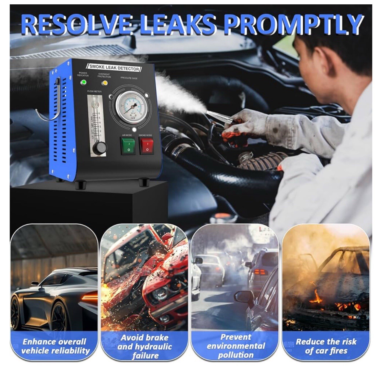 Automotive Leak Detector, Smoke Machine w/ Air Pump, Pressure Gauge, Flow Meter